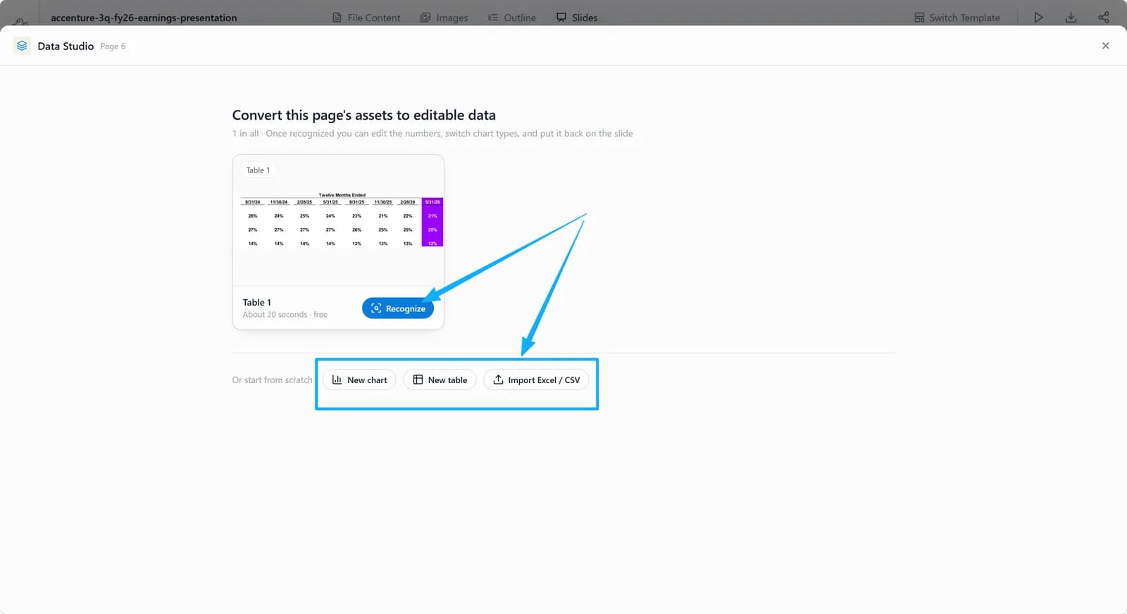 Data Studio start screen: Recognize button, plus New chart, New table and Import Excel / CSV