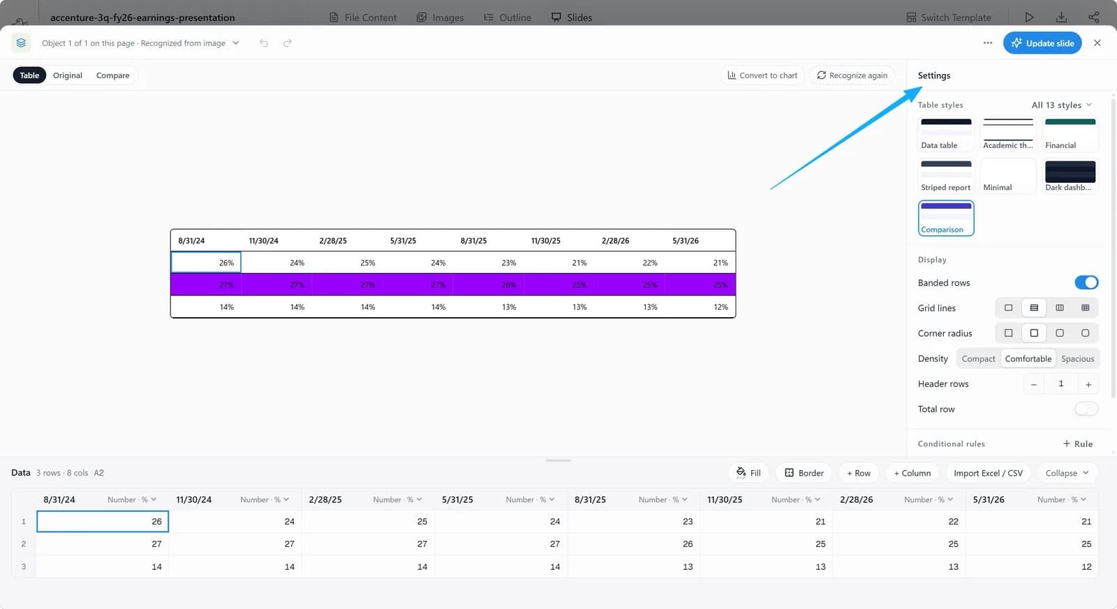 Table editor: table style settings on the right, data grid below