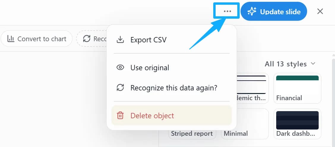 “…” menu at the top right: Export CSV, Use original, Recognize this data again, Delete object