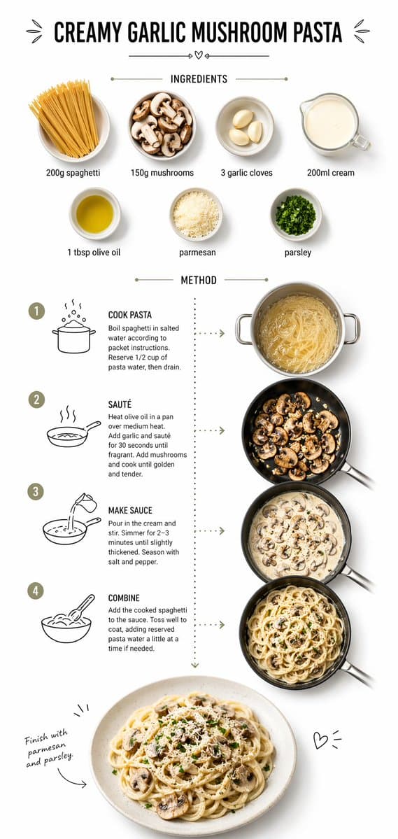Create step-by-step recipe infographic for creamy garlic mushro…