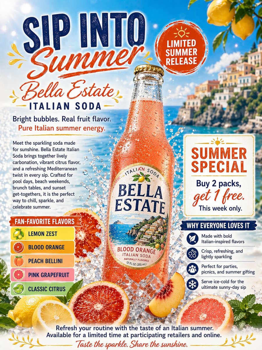 Create a detailed summer banner ad for an Italian soda.
