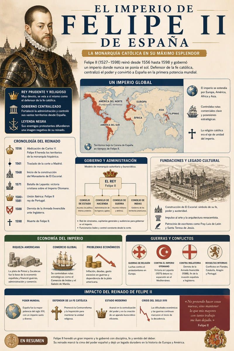 create an infographic about the reign of Philip II, at the heig…