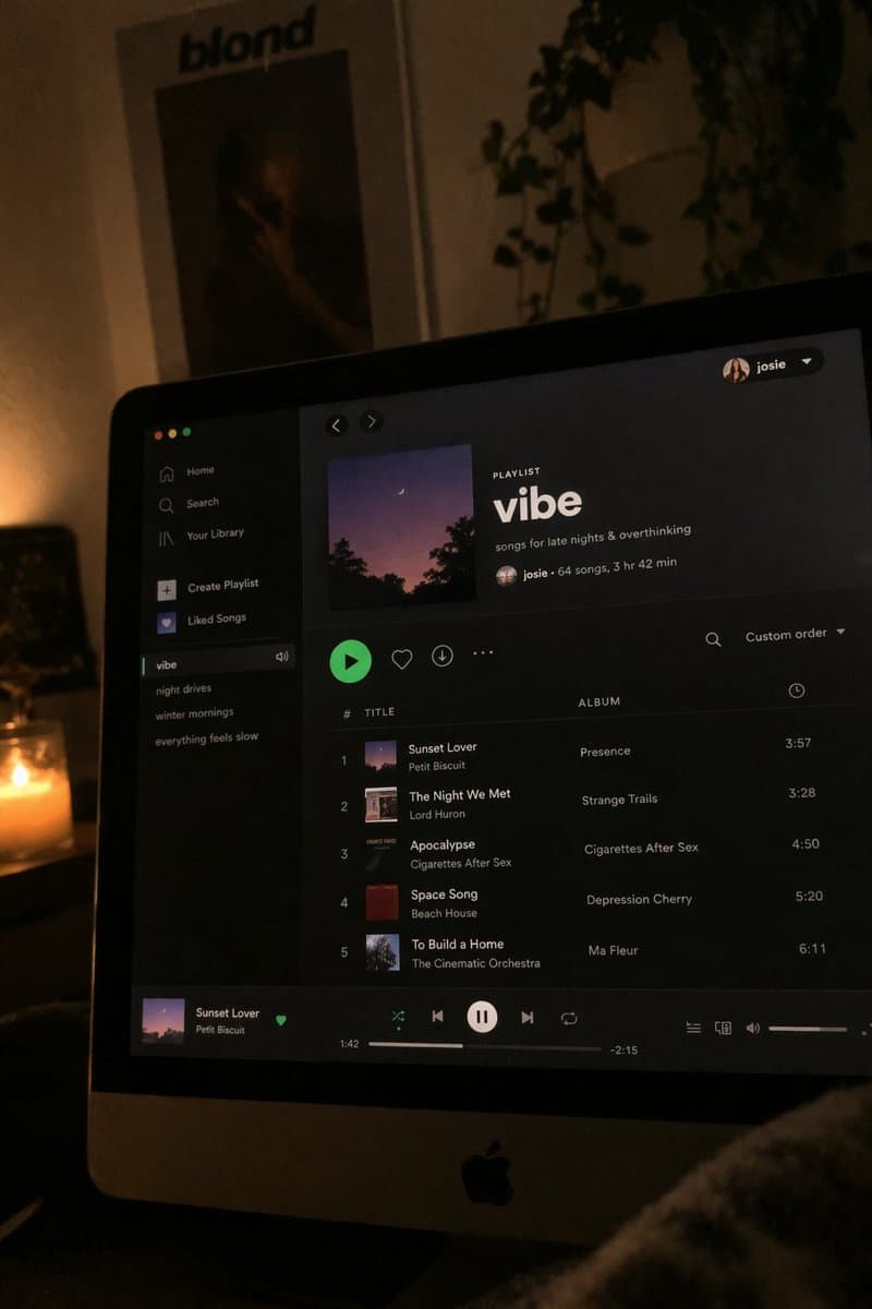 A photo of a computer screen displaying a Spotify playlist at n…