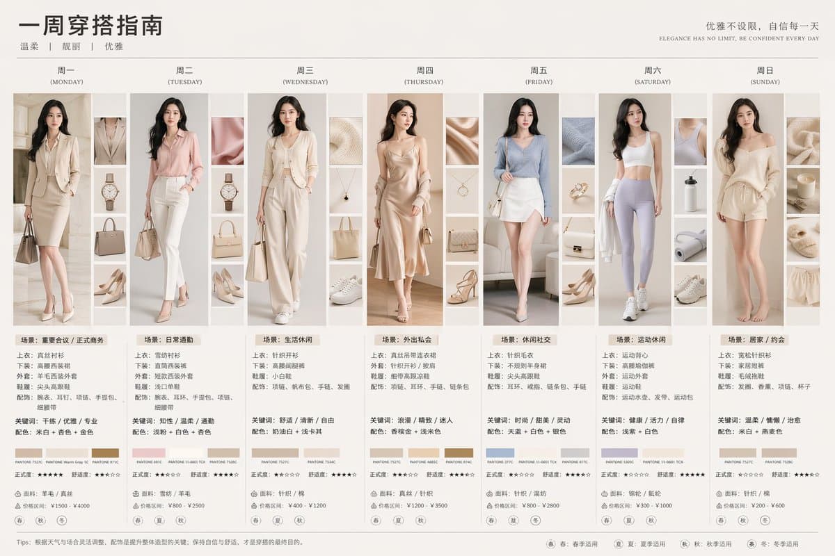 一张[瑞士/日式/北欧/法式]简约设计的"都市牛马一周穿搭指南"信息图，超高清8K分辨率,顶级商业时尚摄影风格。