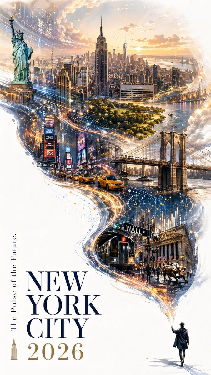 A refined 2026 New York City promotional poster with a bold yet…