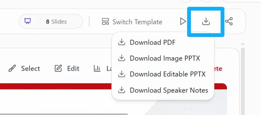 Export format menu opened from the download icon at the top right