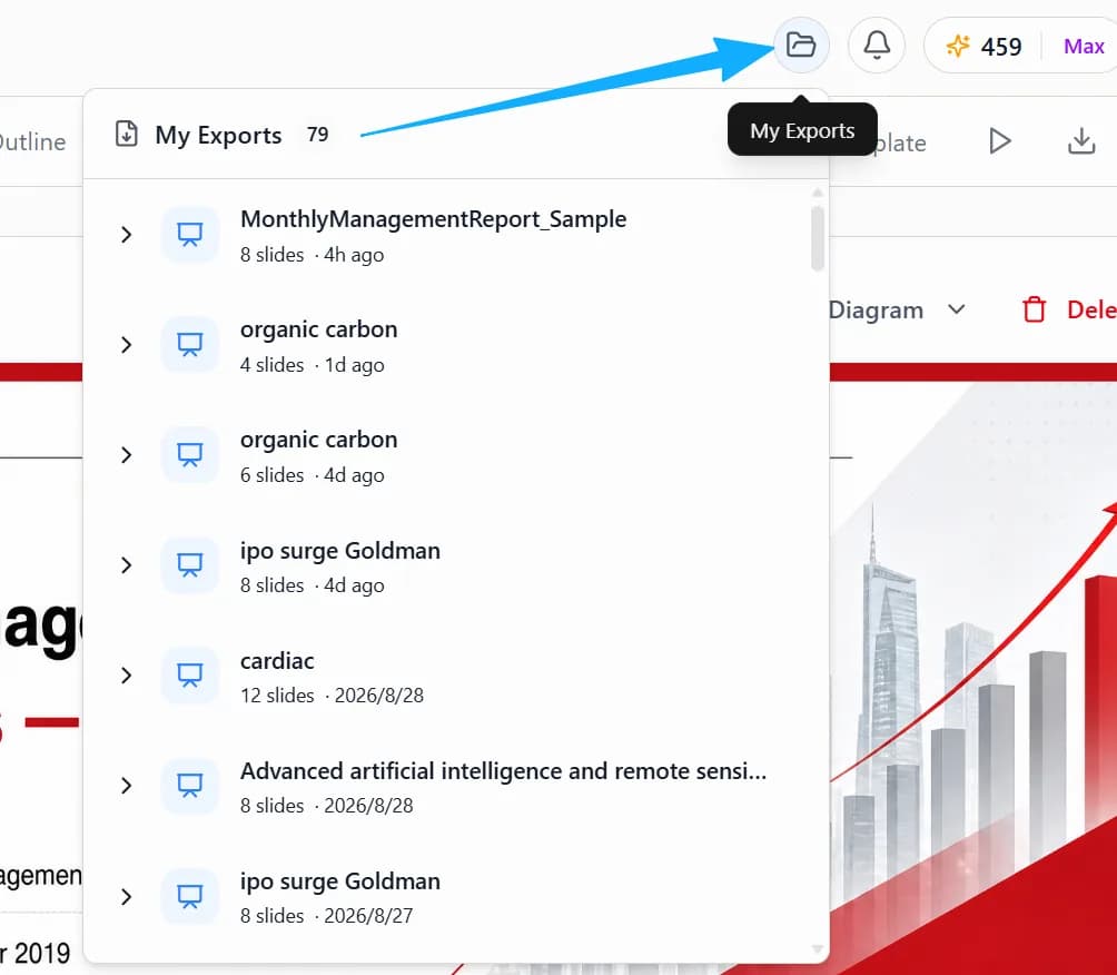 Export history opened from the folder icon at the top right