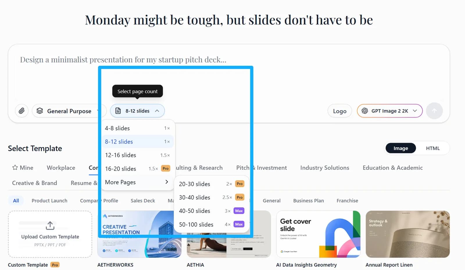 Slide count option at the bottom left of the chat box on the create page