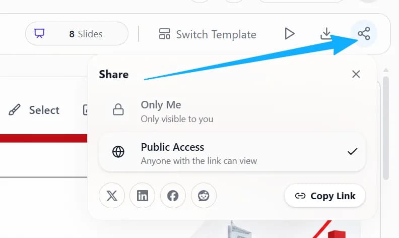 Share panel opened from the share icon at the top right