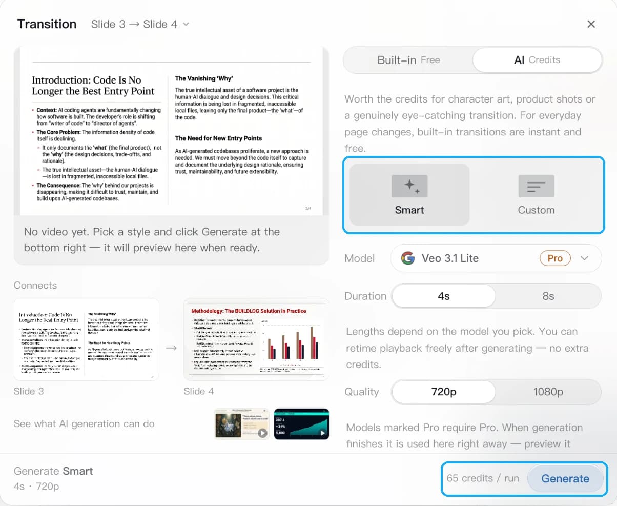转场面板的 AI 生成页签,包含 Smart(智能)和 Custom(自定义)两种方式、模型 / 时长 / 画质设置,以及 Generate 按钮旁的积分