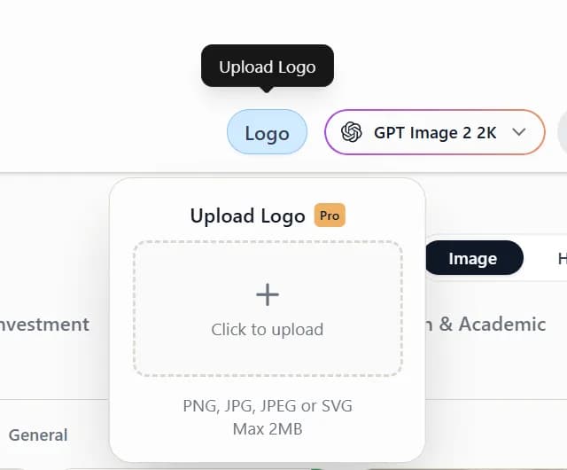 Logo upload button at the bottom right of the chat box on the create page