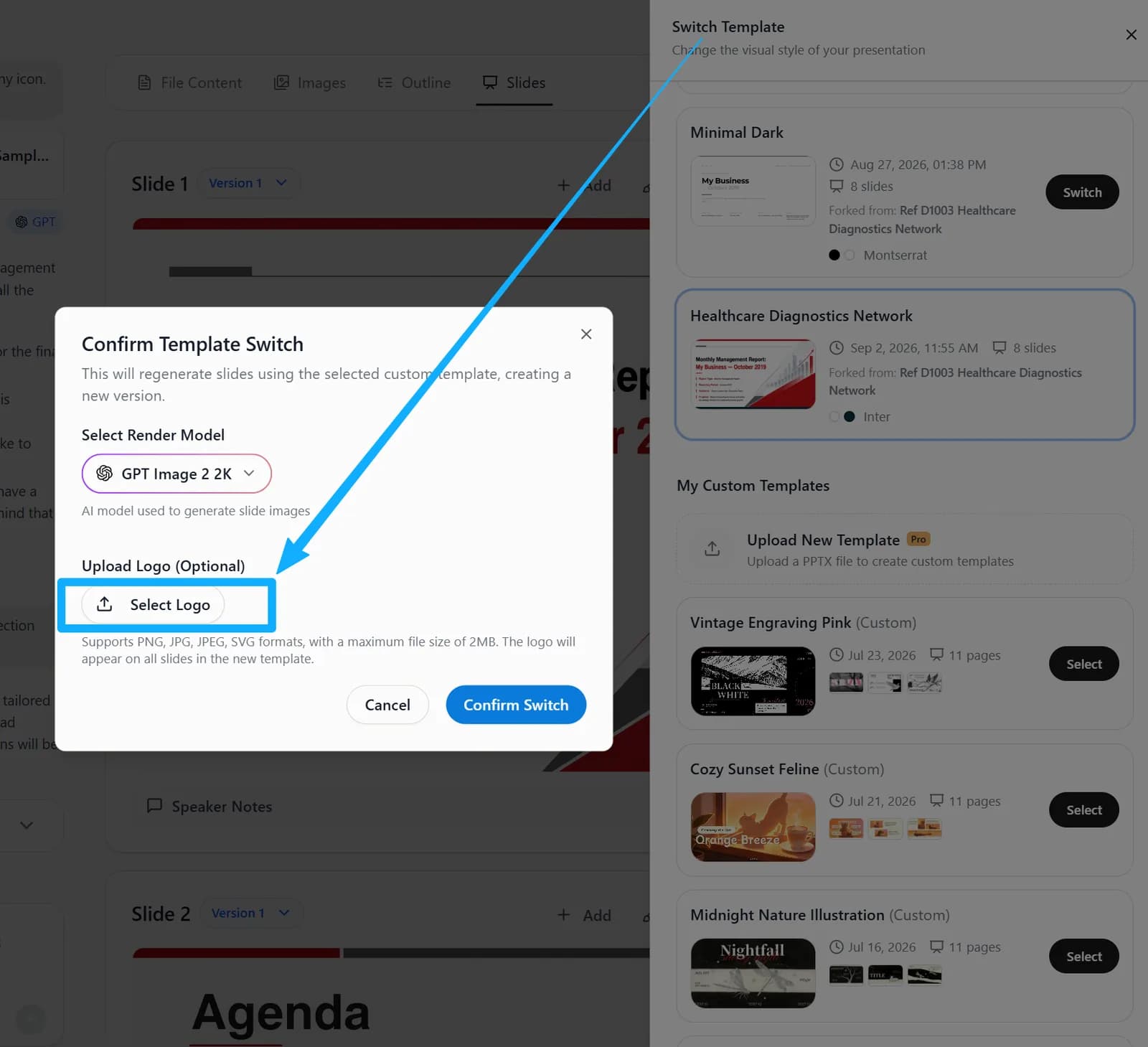 Logo settings in the Switch Template panel