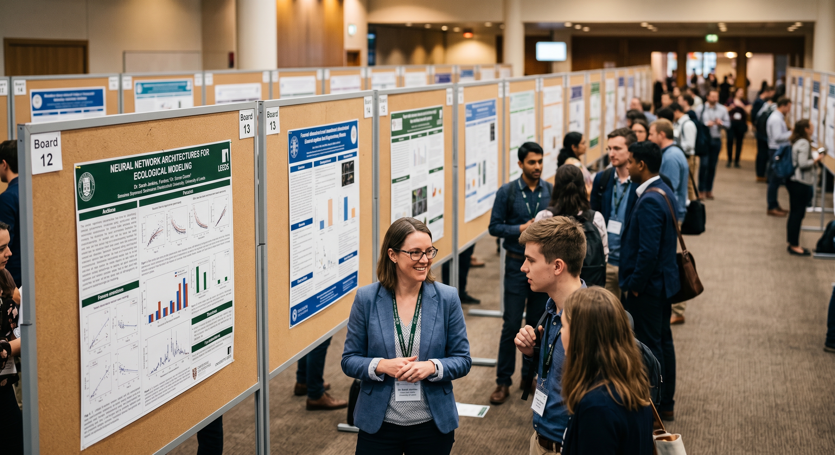 A university conference poster session with researchers standing by their printed posters and attendees reading along a row of display boards