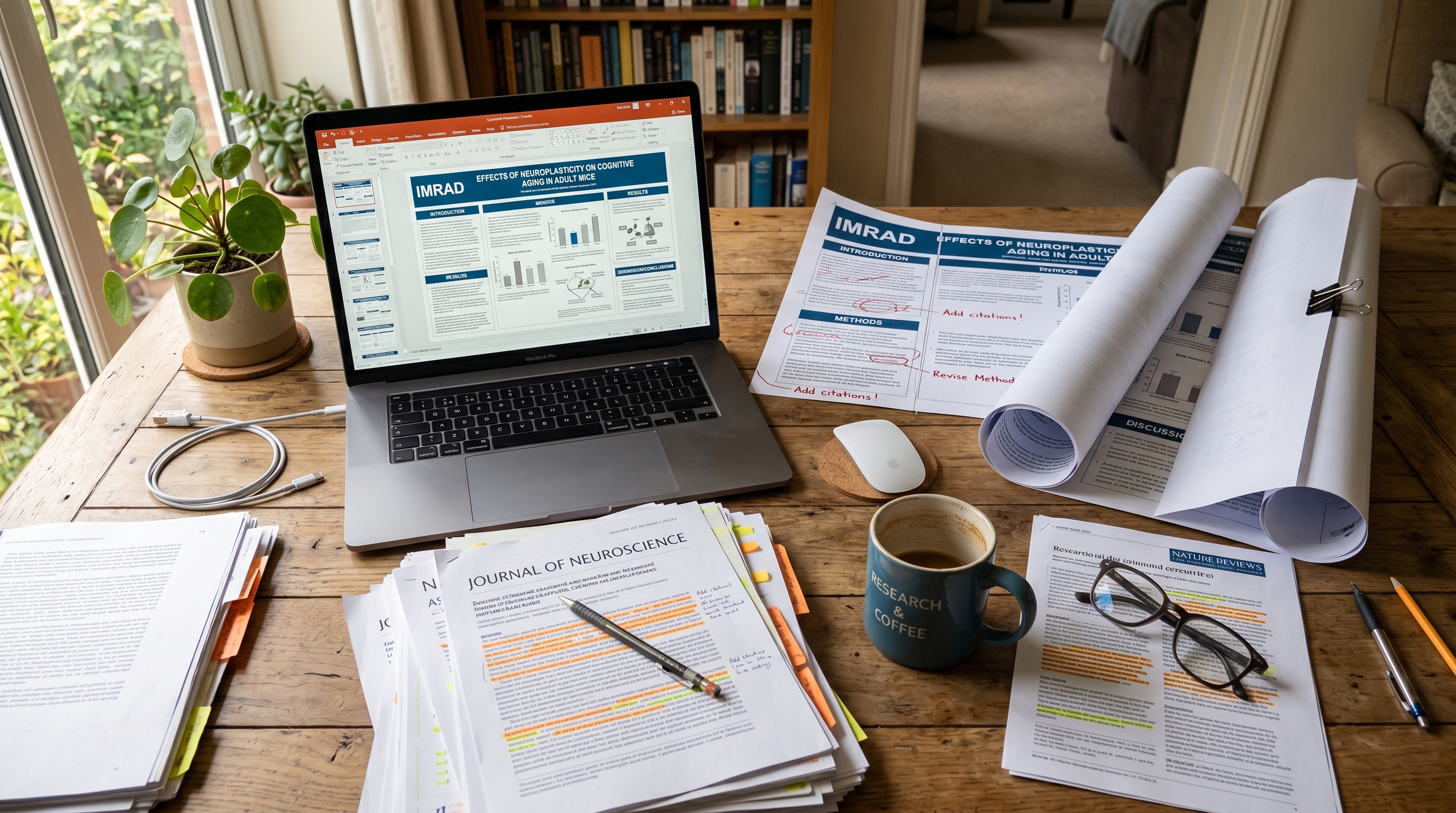 A researcher's desk with printed academic poster drafts, a laptop showing a poster template in PowerPoint, and reference papers spread out under warm lighting