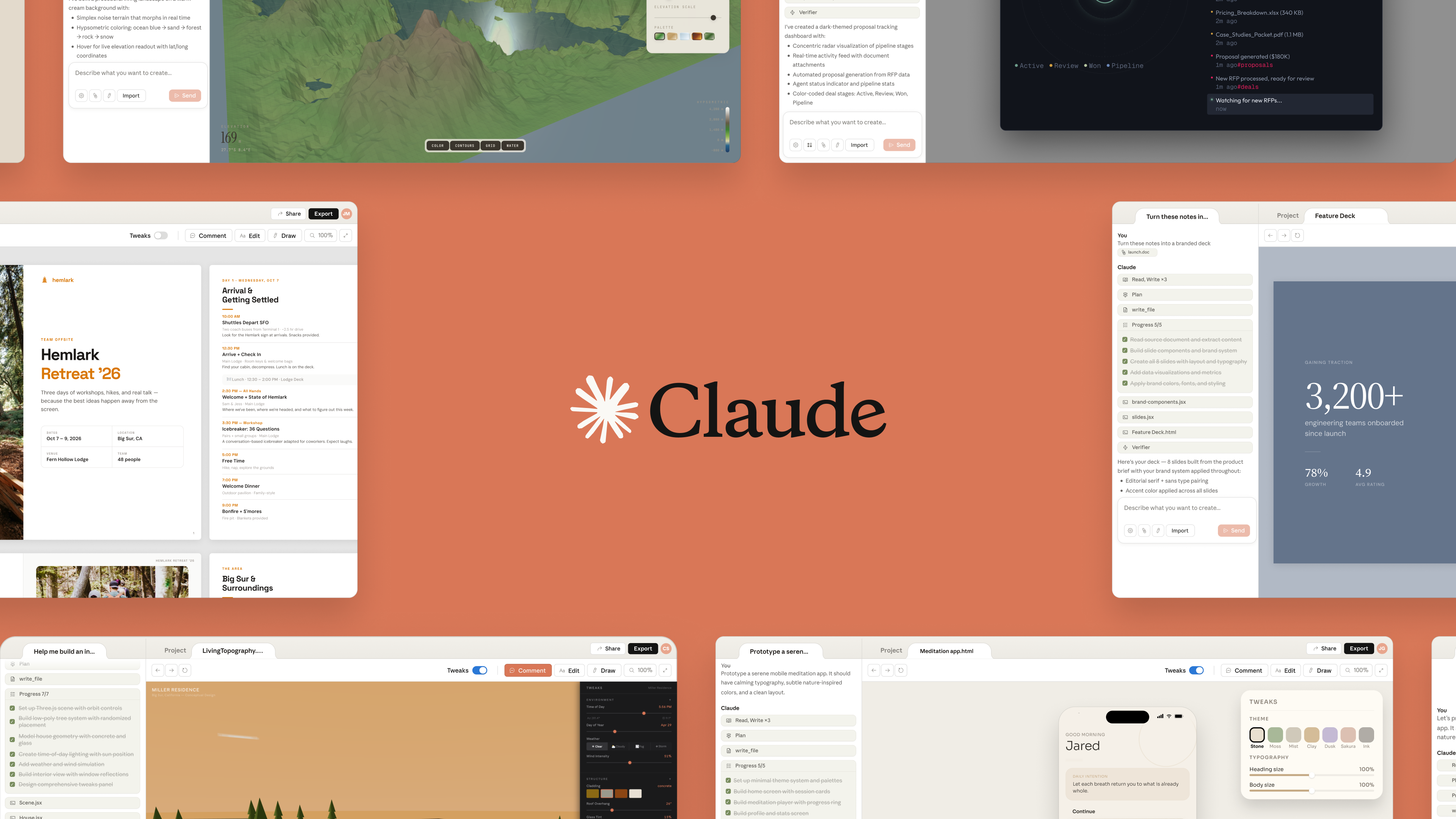 Gallery of Claude Design outputs showing layouts, dashboards, editorial spreads, and mobile mockups sharing a consistent visual language