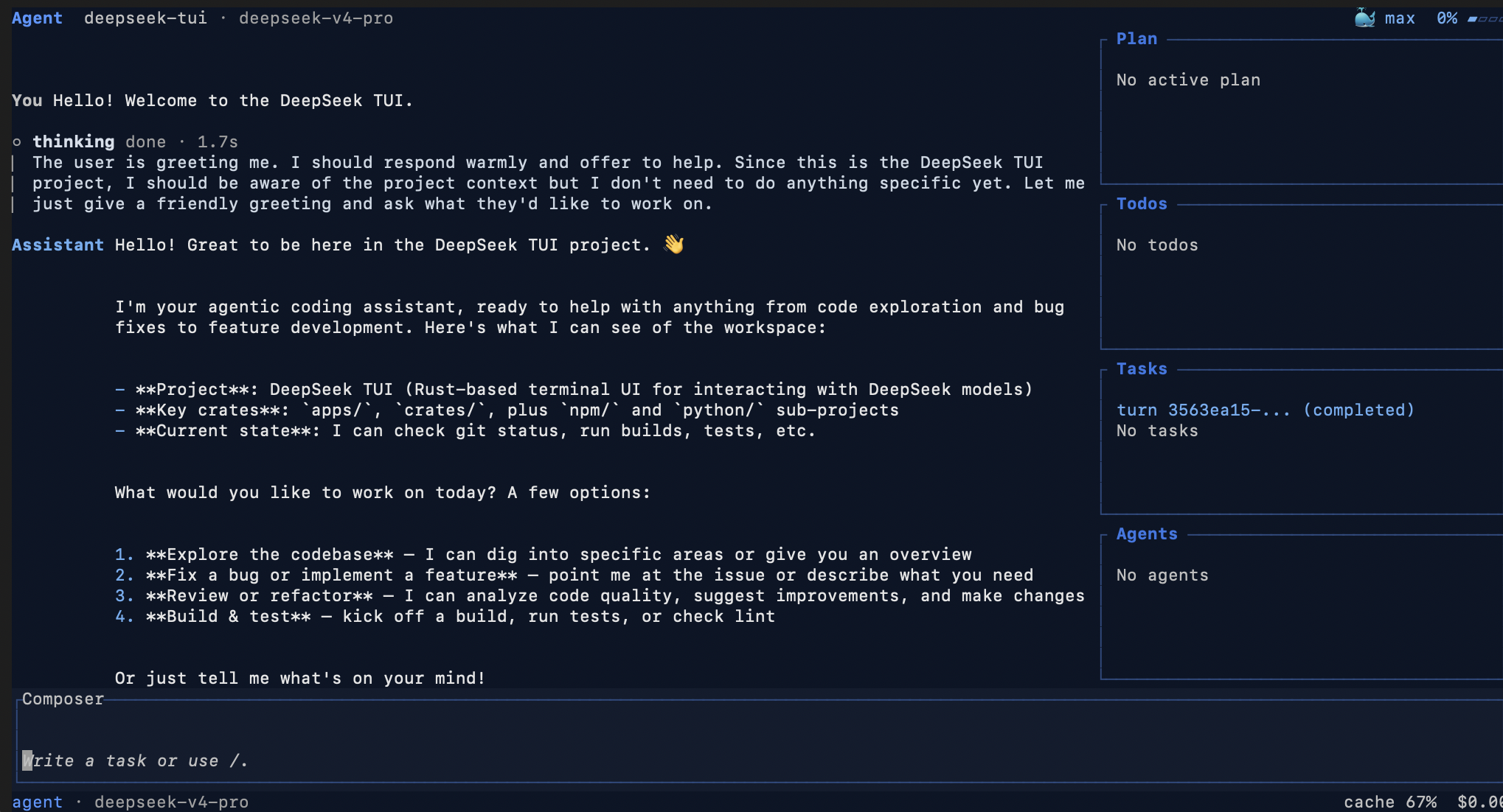 DeepSeek-TUI in action — a keyboard-driven terminal coding agent running DeepSeek V4 with split panes for the agentic chat composer on the left and Plan, Todos, Tasks, and Agents views on the right, showing live tool calls, project state, and a 67% cache utilization indicator