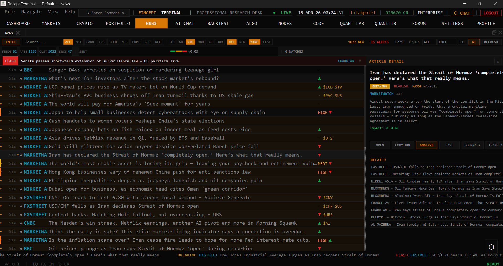 FinceptTerminal News panel aggregating Reuters, NIKKEI, MARKETHUB, CNBC, and Bloomberg feeds with relevance scoring and a detail pane on the right