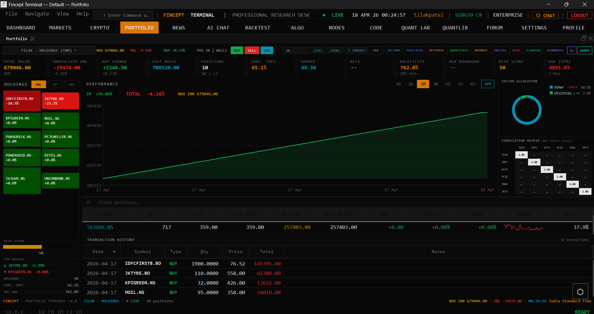 FinceptTerminal Portfolio view showing holdings, P&L, transaction history, and an allocation donut chart against live market data