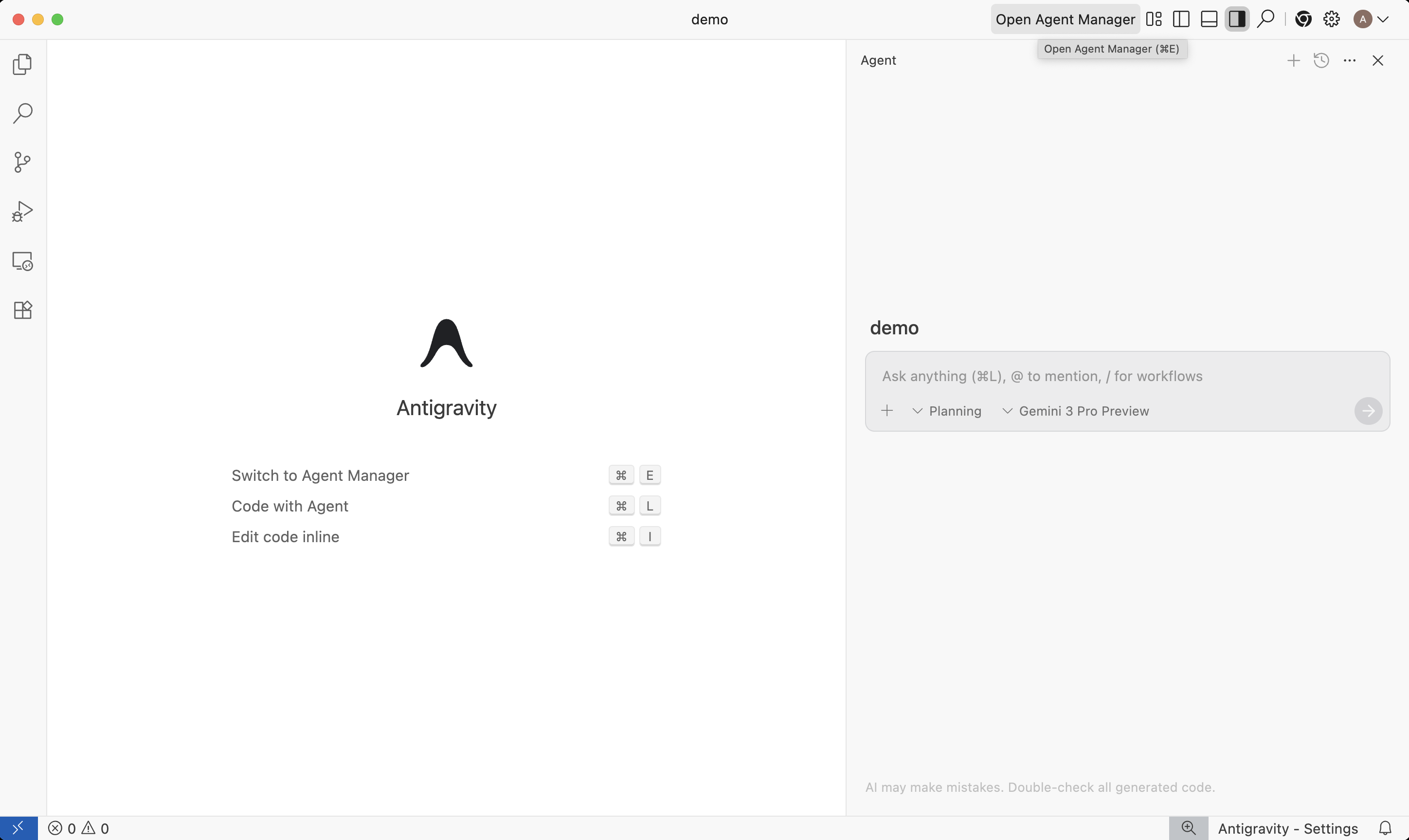 Google Antigravity IDE showing the Agent Manager surface