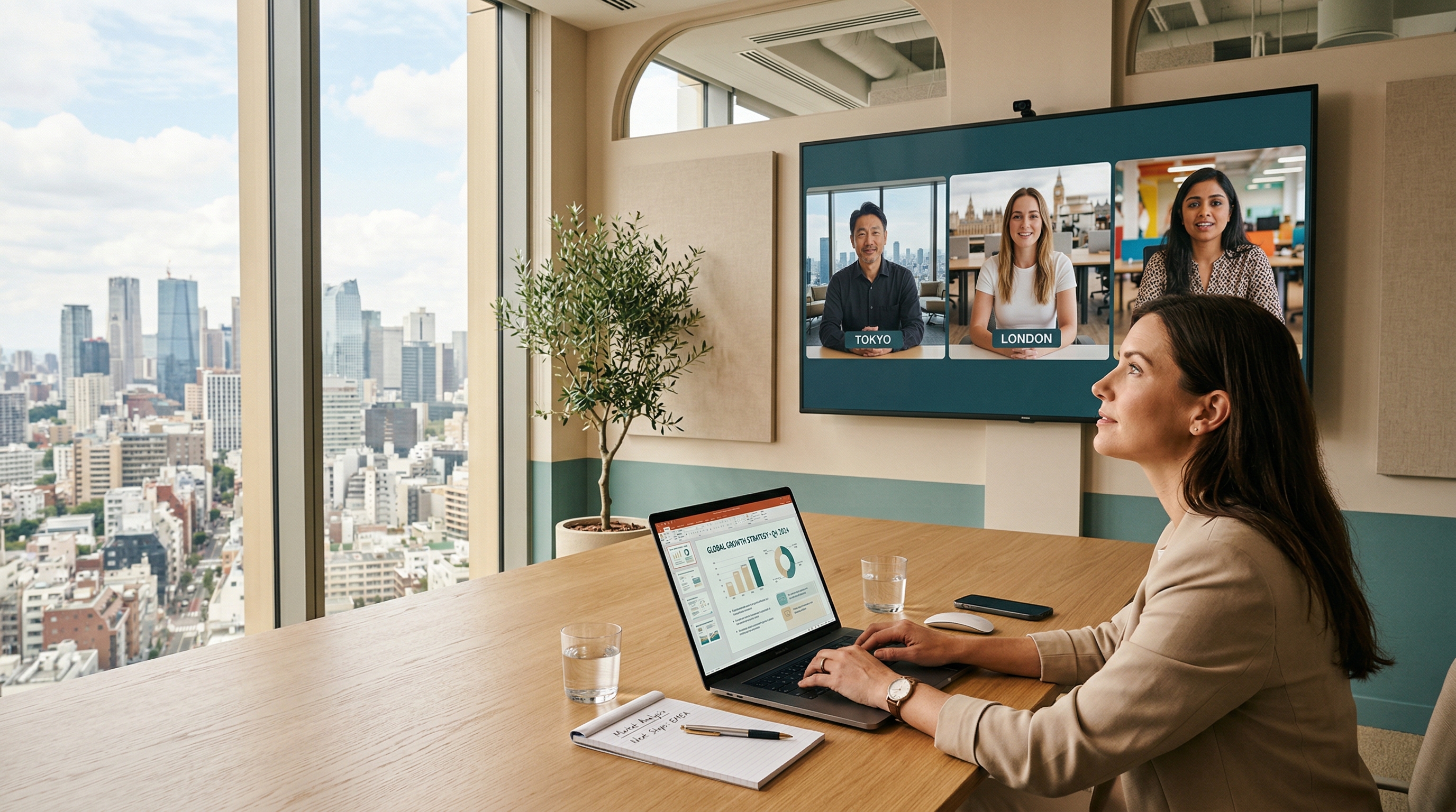 A distributed global team collaborating on presentations across multiple time zones, with video-call tiles visible on a wall monitor and a laptop showing a slide deck in progress