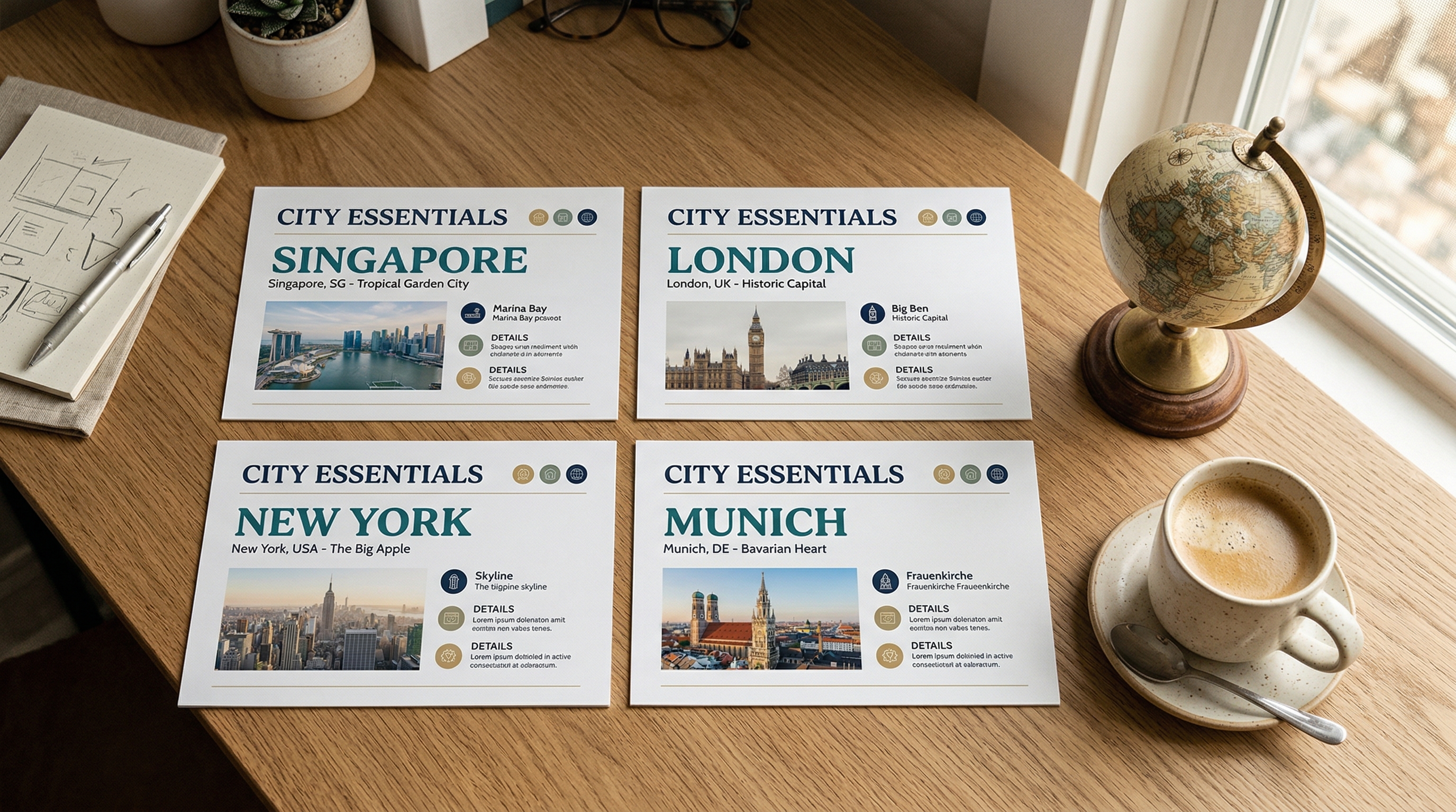 Overhead shot of identical-looking slide printouts arranged in a grid, each labeled with a different city name, illustrating a unified brand system across global offices