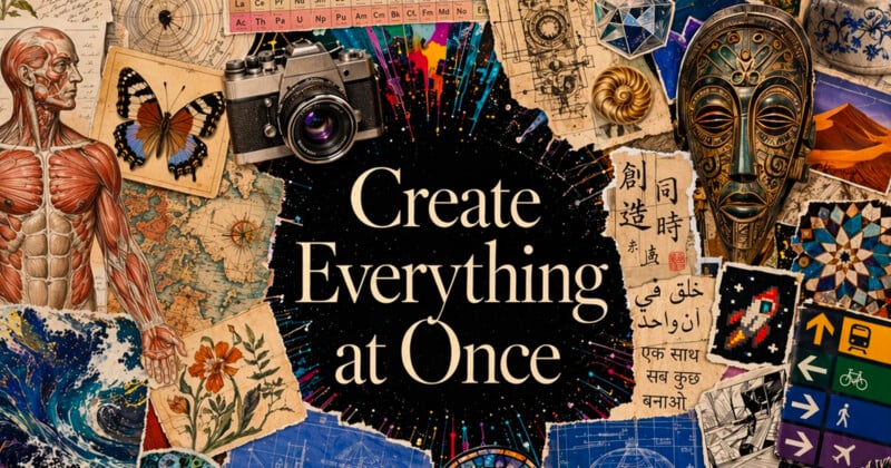 GPT Image 2 "Create Everything at Once" hero banner — a collage of scientific illustrations, cultural artifacts, textile patterns, and multilingual typography radiating from a central starburst