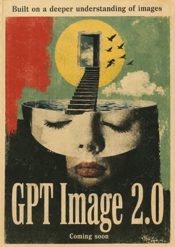 GPT Image 2 poster titled "Built on a deeper understanding of images" — a retro-style composition with a figure whose mind opens like a staircase leading through a doorway into clouds and sky