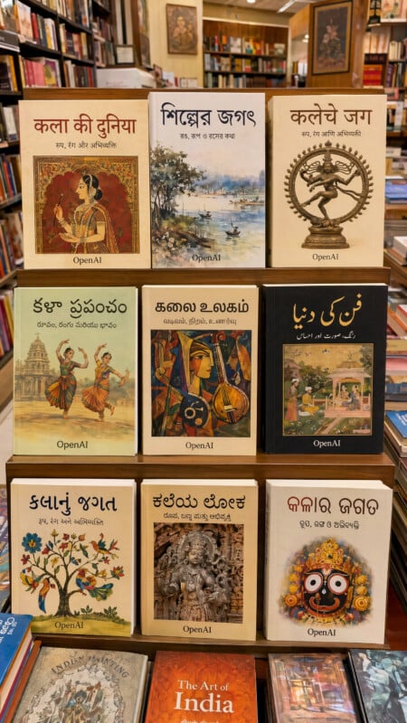 GPT Image 2 generating a bookstore shelf of art books with Indic-script titles — Hindi, Bengali, Telugu, Tamil, Kannada, Urdu, Gujarati, and Odia all rendered legibly