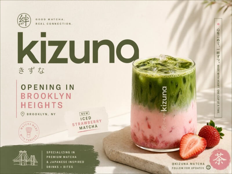 Kizuna matcha café ad generated by GPT Image 2 — a Brooklyn Heights opening announcement for an iced strawberry matcha, featuring professional product photography, layered typography, Japanese secondary text, and editorial-quality composition