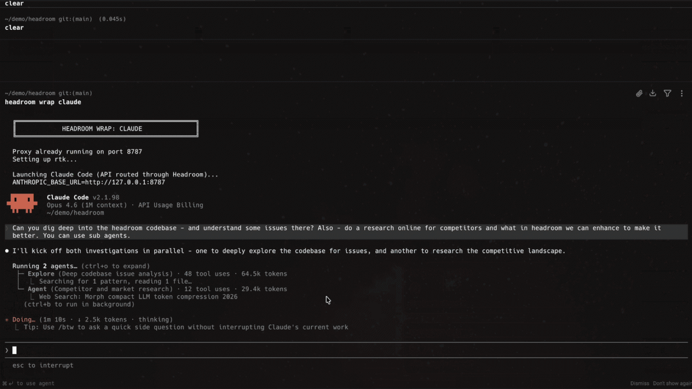 Terminal showing the headroom wrap claude command launching Claude Code with API traffic routed through the Headroom proxy on port 8787