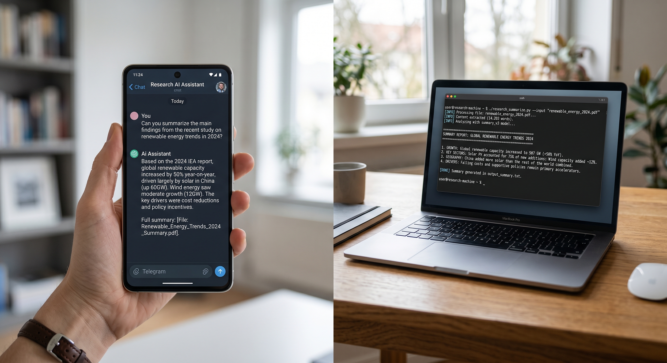 A split-screen view of a smartphone showing a Telegram conversation with an AI assistant on the left, and a laptop terminal on the right continuing the same task in the command line