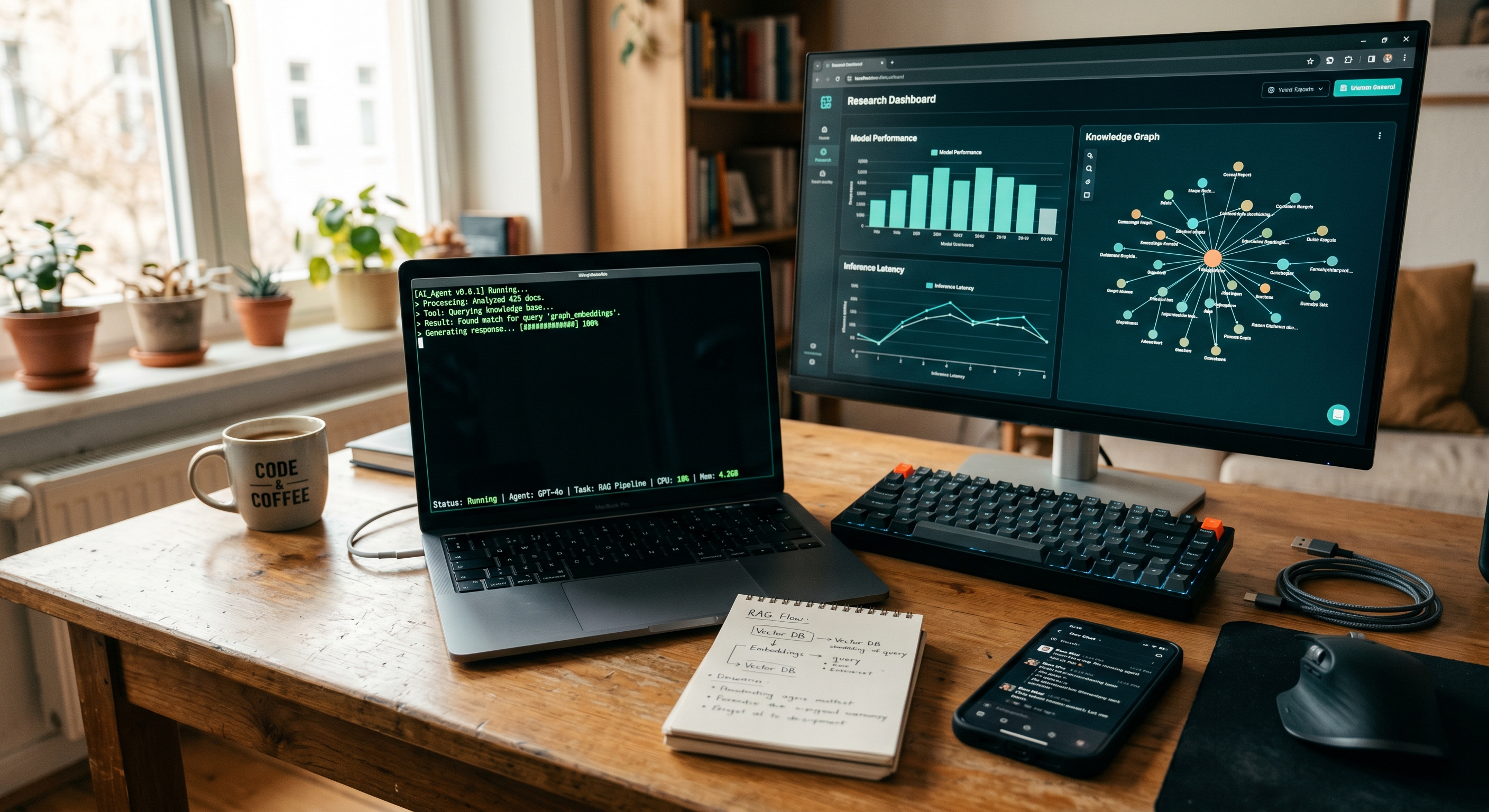 A developer's desk with a laptop showing a terminal running an AI agent, a secondary monitor with a research dashboard, and a phone on the side displaying a chat app continuing the same session