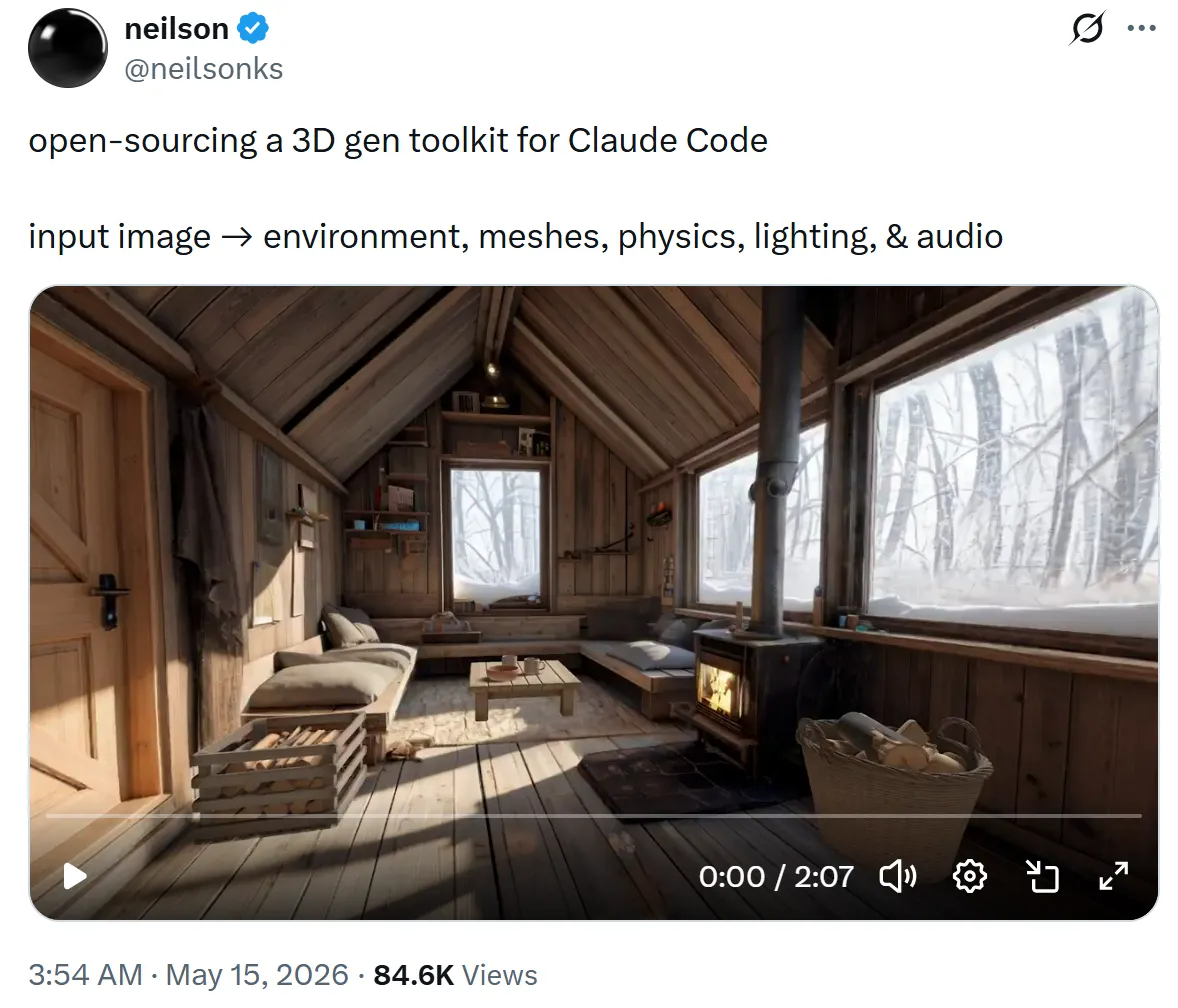 image-blaster pipeline: one input image expanded into 3D model, viewpoints, reference images, and sound in a single Claude session