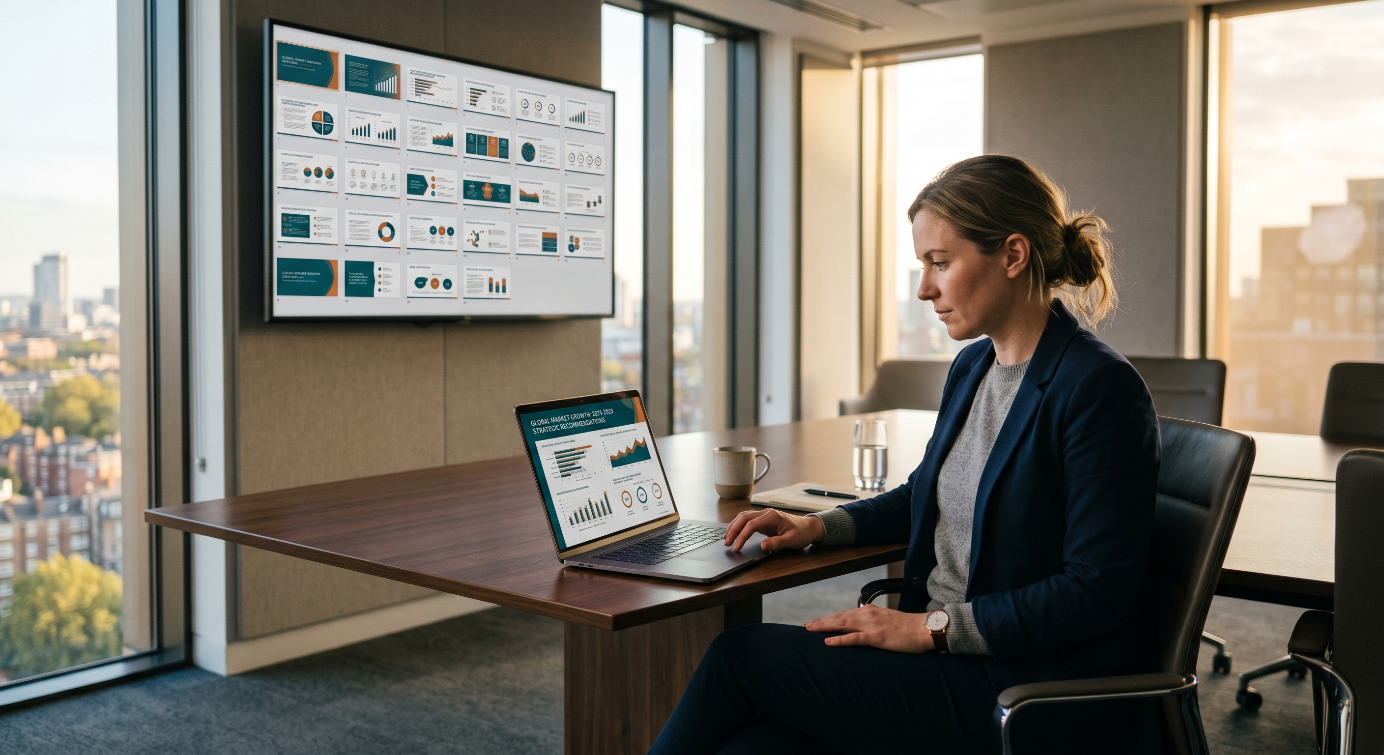 An analyst reviewing a long consulting-style slide deck on a laptop in a quiet boardroom, with consistent color accents and typography visible across the slide thumbnails on a second monitor