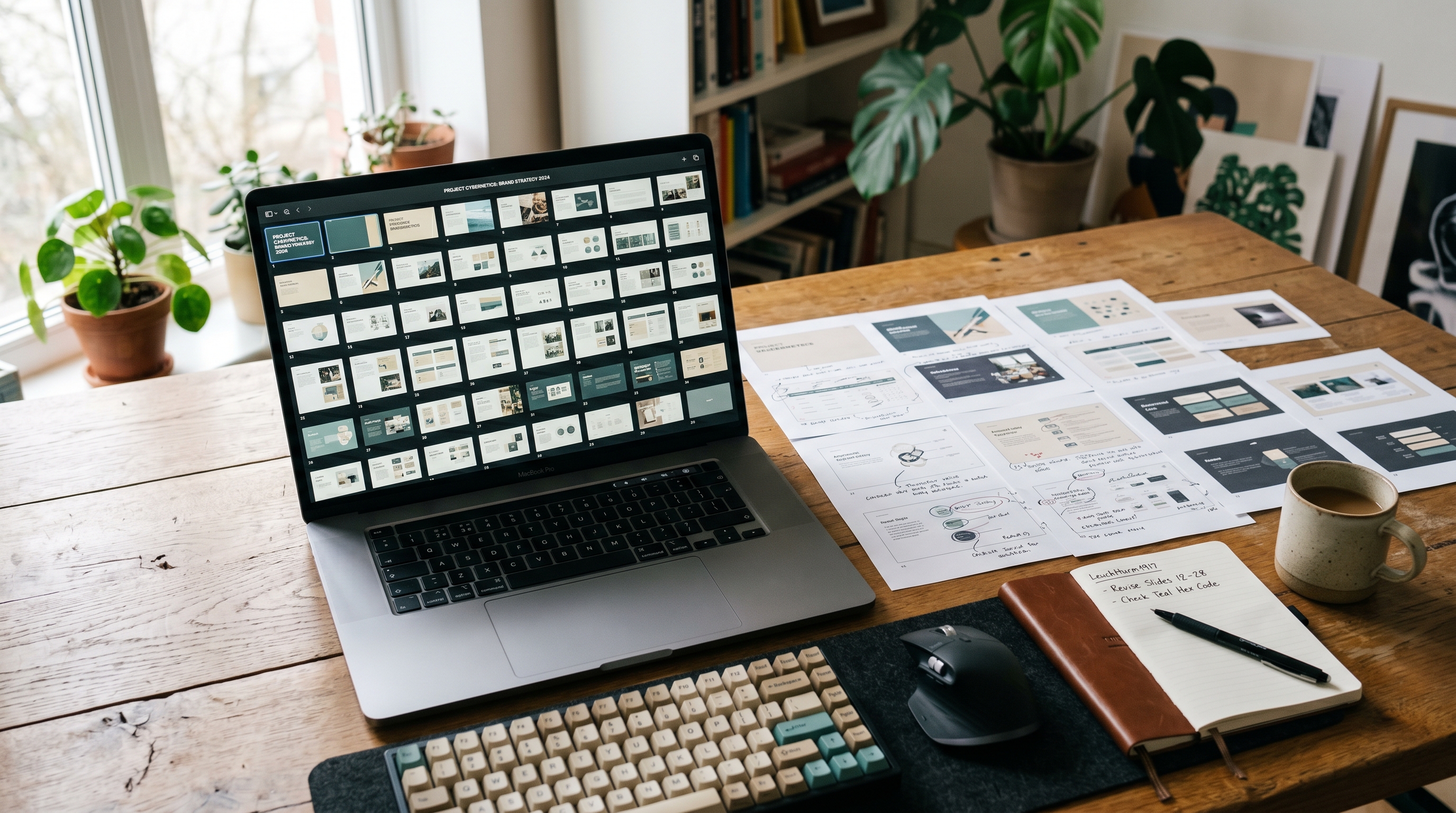 A designer's workspace showing a laptop with a long 70-slide presentation thumbnail grid on screen, printed slide proofs spread across a large wooden desk, and a cup of coffee beside a notebook