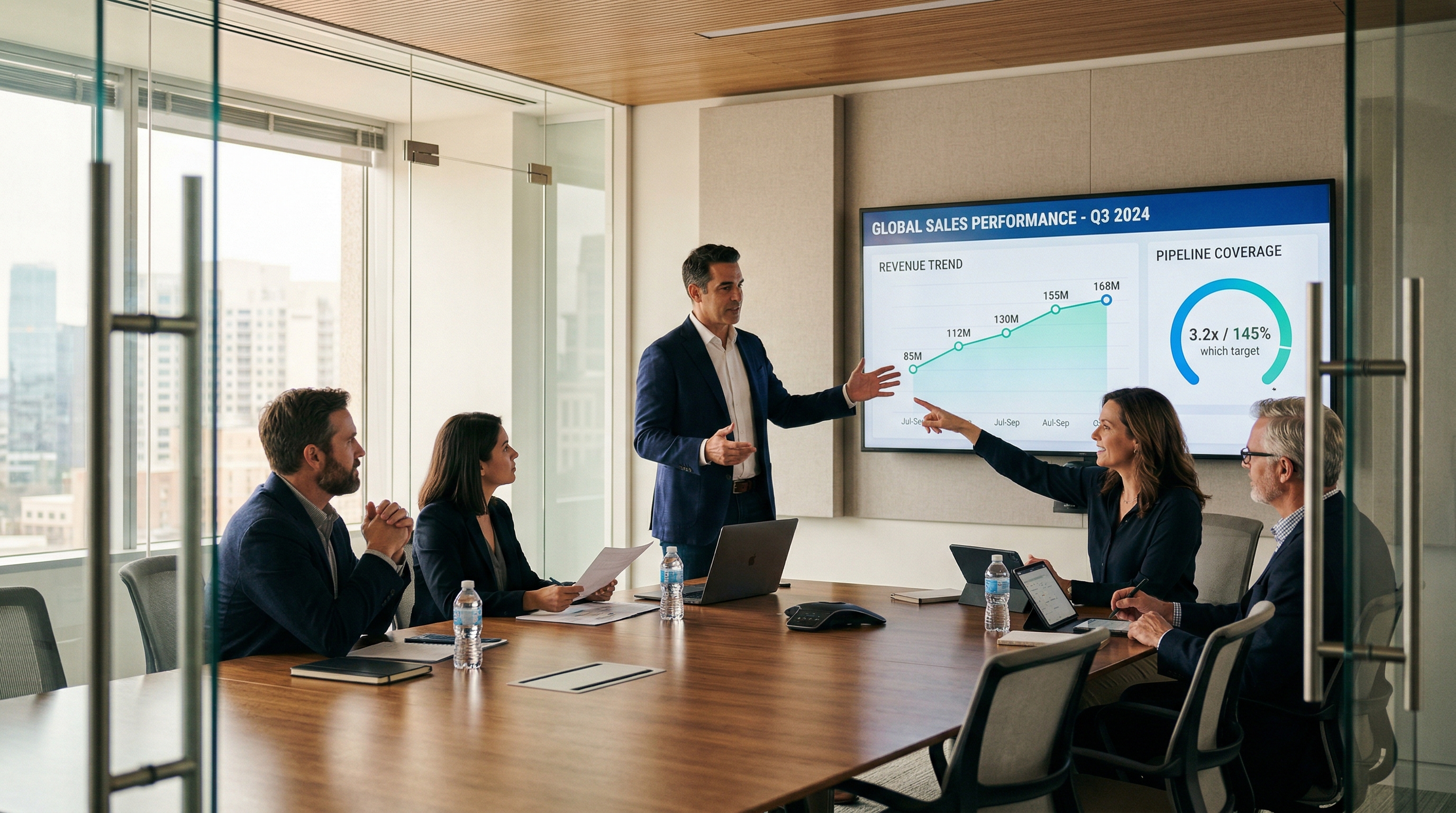A modern glass-walled boardroom with a sales leader presenting a revenue dashboard to executives engaged around a long table