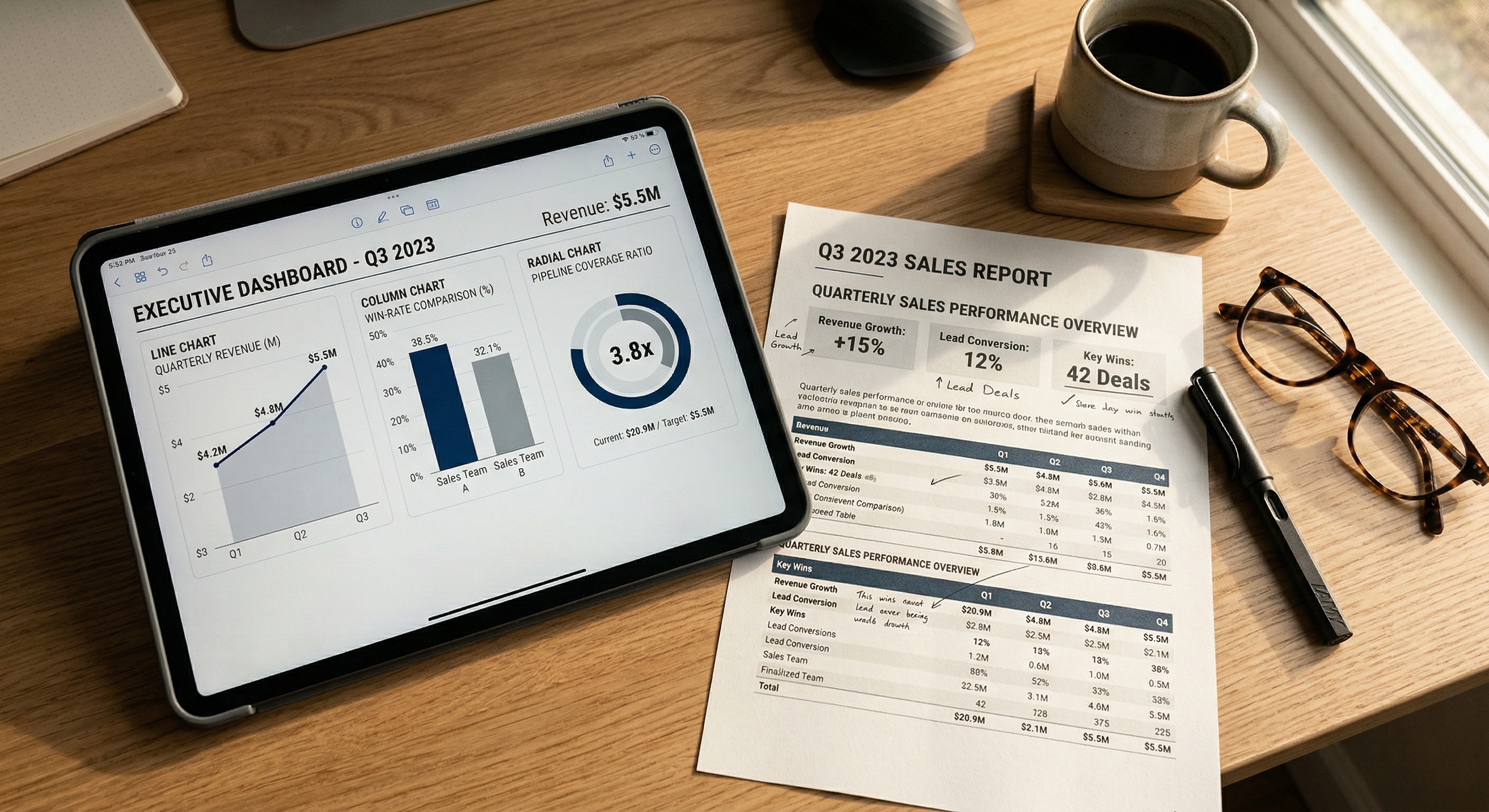Overhead close-up of a desk with a tablet showing an executive sales dashboard with revenue trend lines, win-rate comparison, and pipeline coverage metrics