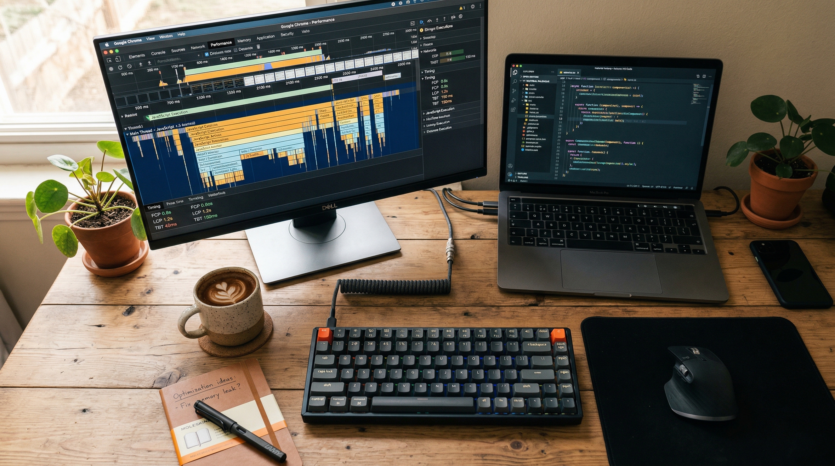 A developer's desk from above, showing a code editor with JavaScript syntax highlighting and a second monitor displaying Chrome DevTools Performance panel with flame charts