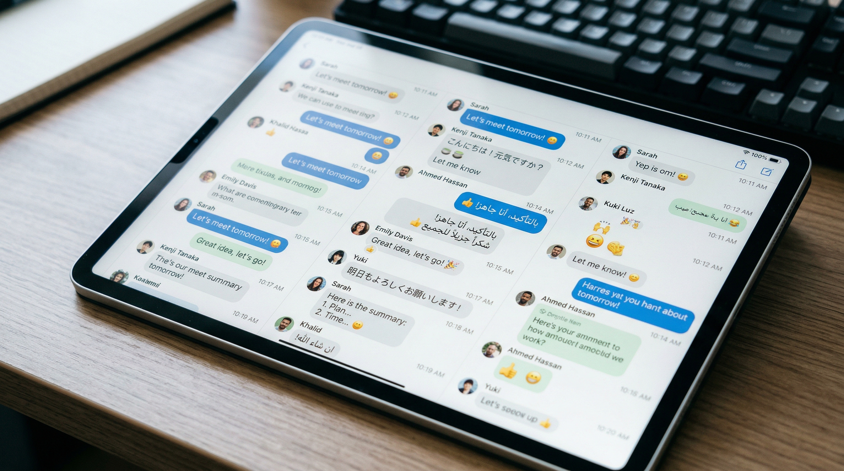 A tablet screen showing a long scrolling chat interface with hundreds of multilingual text bubbles flowing smoothly, illustrating virtual scrolling with variable-height content