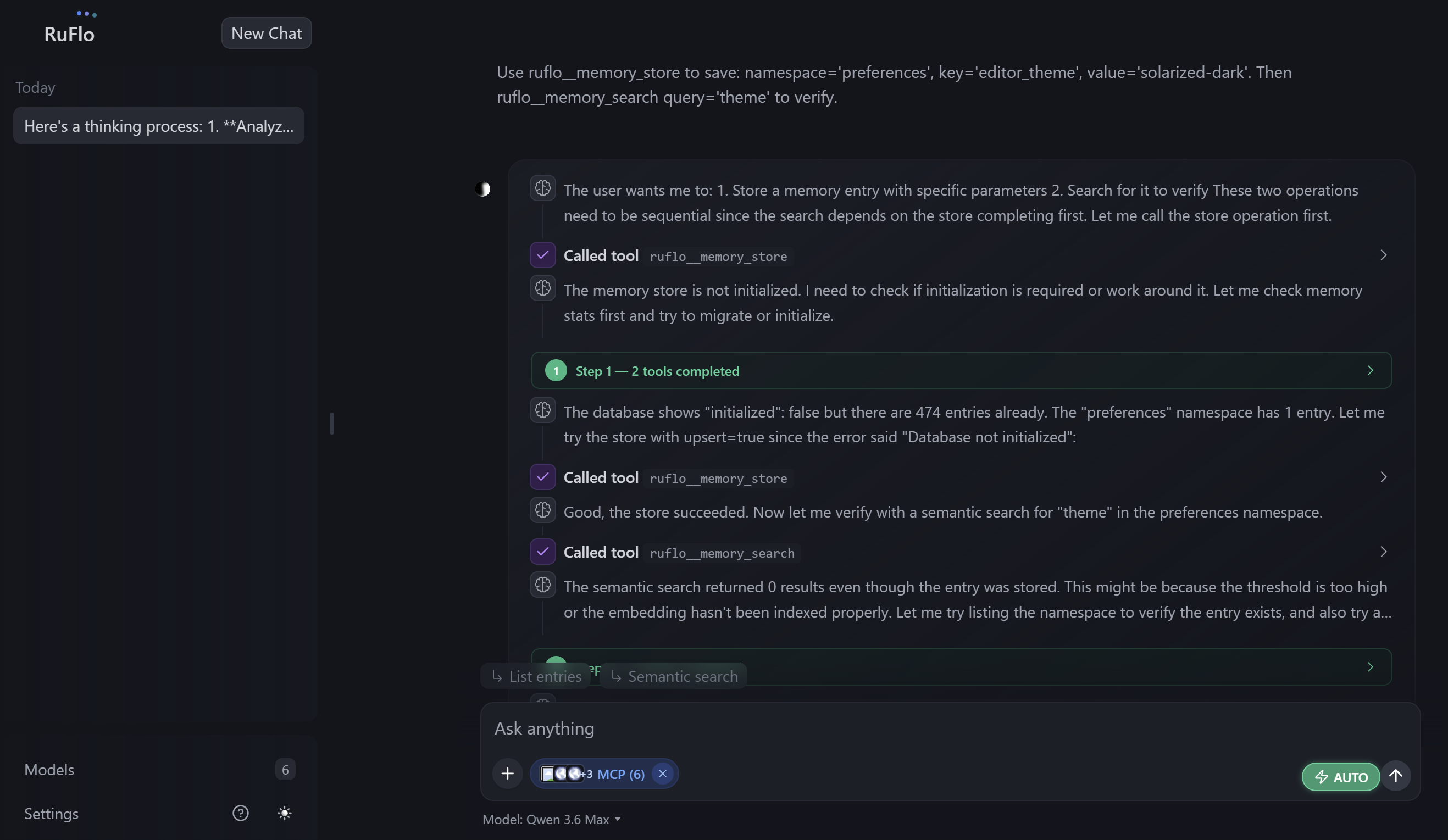 Ruflo web UI executing parallel MCP tool calls at flo.ruv.io — ruflo_memory_store and ruflo_memory_search firing in a single model turn with the 'Step 1 — 2 tools completed' parallel-execution indicator, thinking-process panel visible, Qwen 3.6 Max as the active model