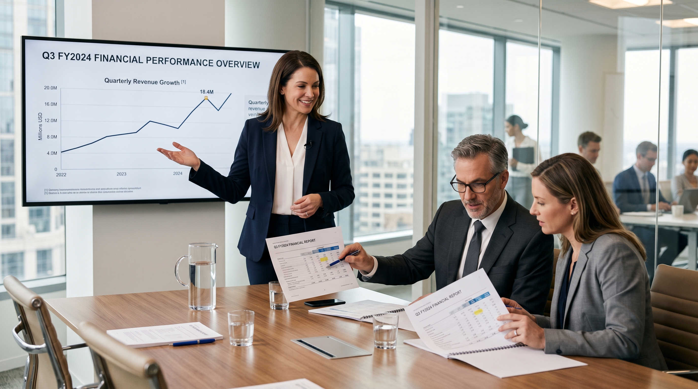 A presenter walking two executives through a financial slide in a glass-walled boardroom while they cross-check a highlighted figure in the underlying report
