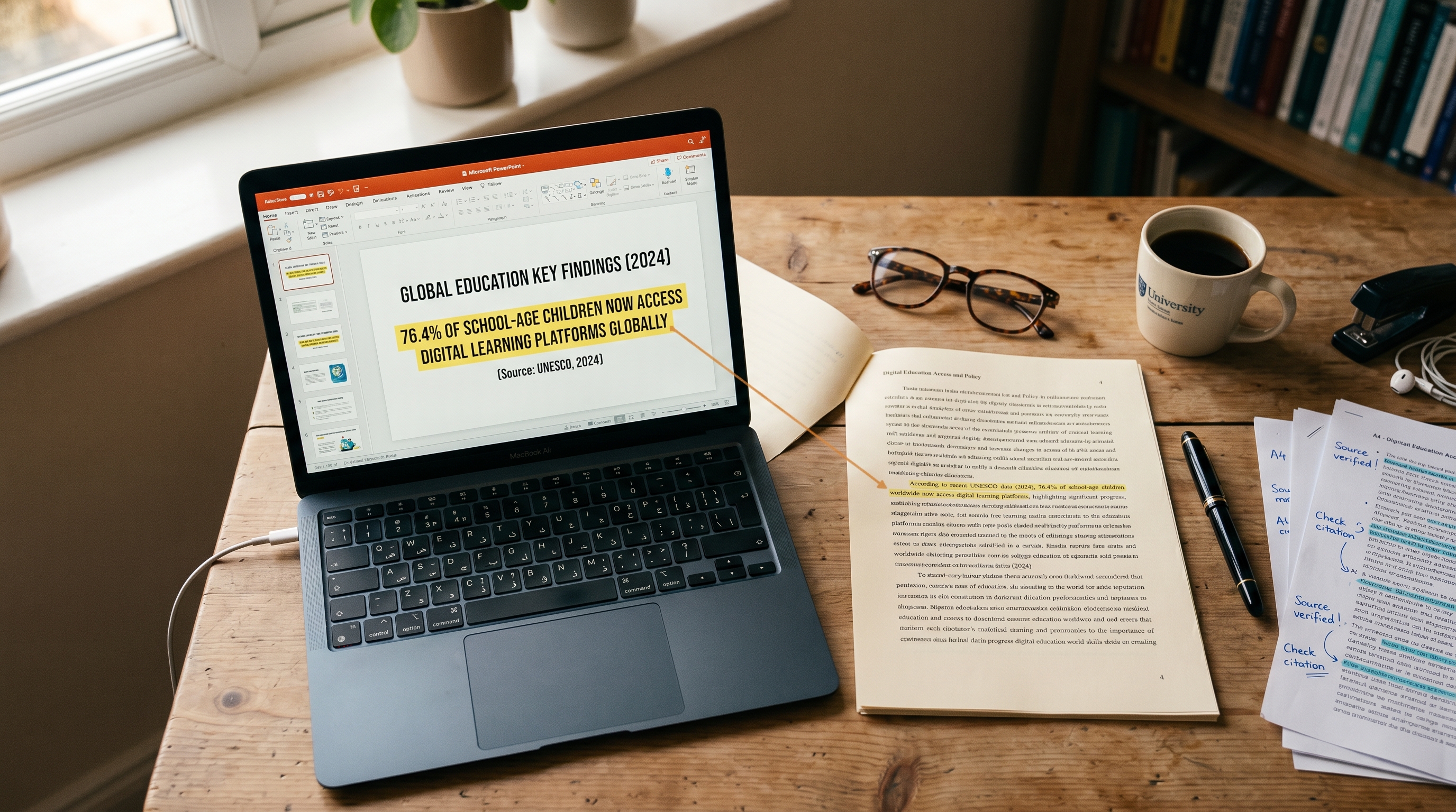 A researcher cross-checking a slide against a highlighted passage on the underlying paper, with a laptop, printed report, and annotations on the desk