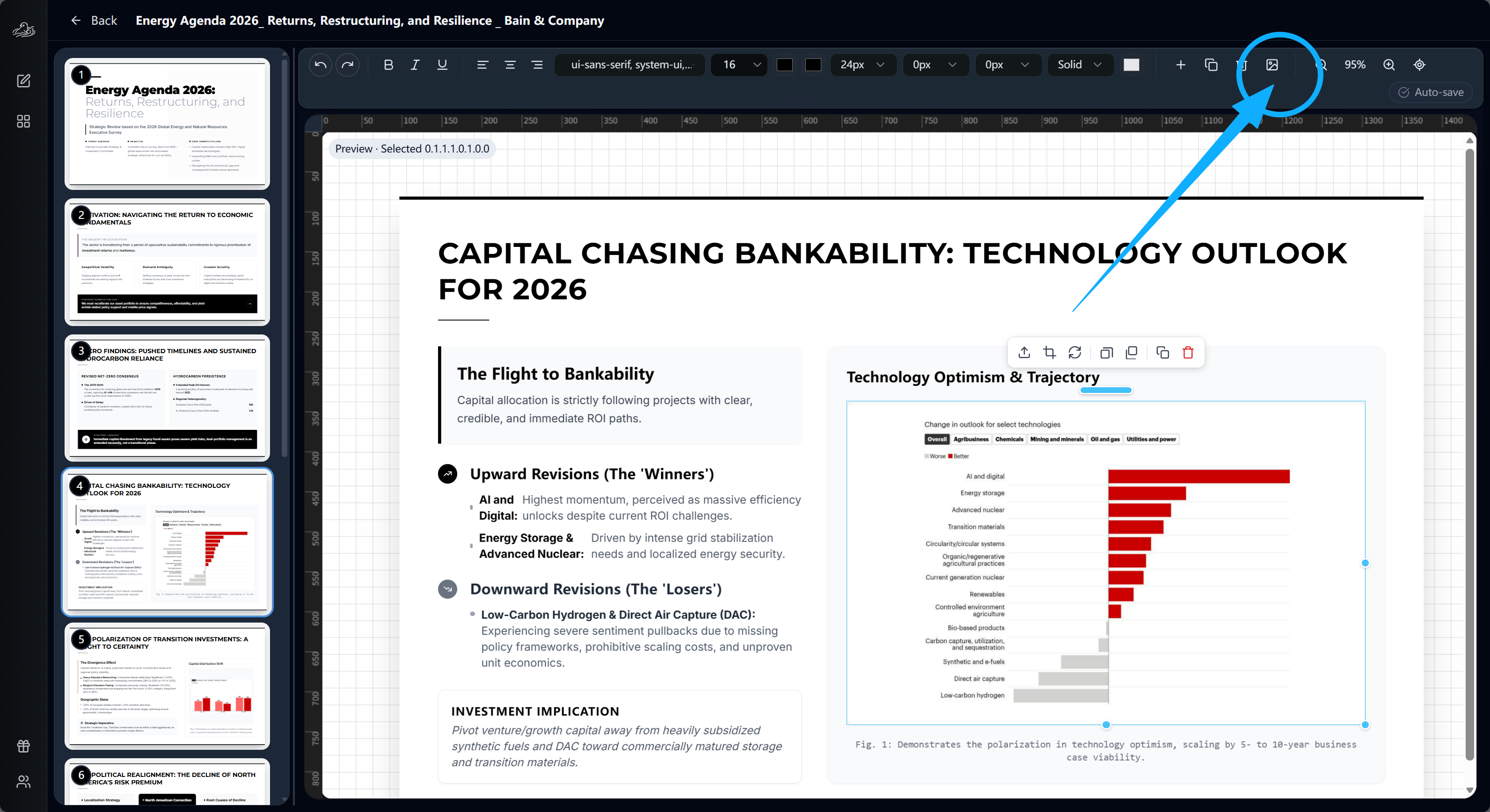 Tosea.ai slide editor — the image-insertion icon in the upper-right toolbar (circled) is open over a completed slide of the Energy Agenda 2026 deck, showing the three-option dropdown: Upload New, Select Existing, and AI Generate